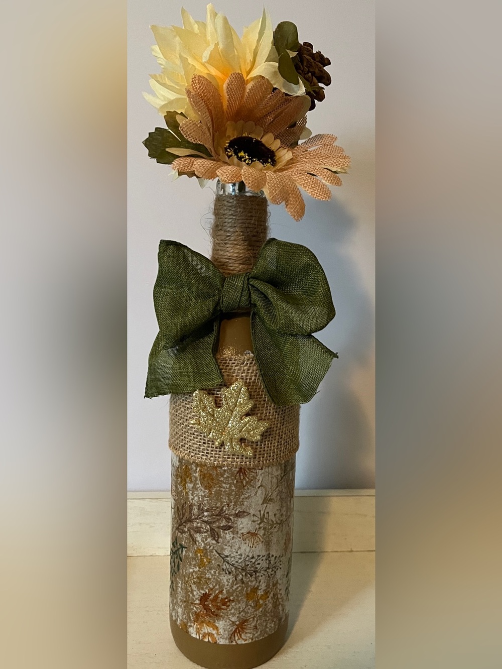 Decorative Burlap Bottle with Olive Green Bow and Gold Leaf Accent